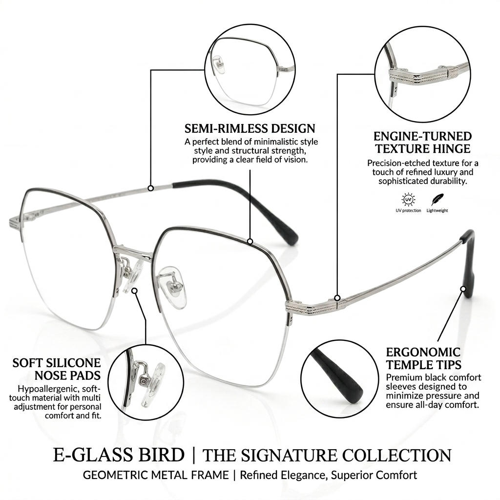FRAMEKARTS // METAL HALF RIM HEXAGONAL FRAME FOR MEN SILVER